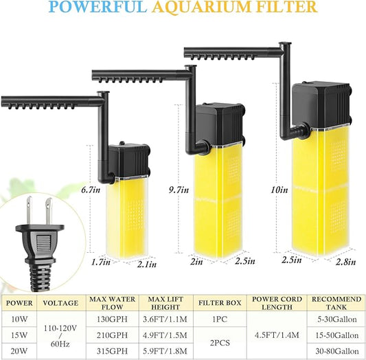 FEDOUR 10W 15W 20W Aquarium Submersible Filter, Quiet Fish Tank Internal Filter with Spray Bar, Powerful Aquarium Filter for 5-80 Gallon Tank (10W for 5-30Gallon)