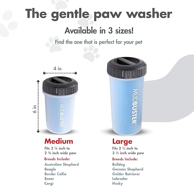 Dexas Lidded MudBuster Dog Paw Cleaner in Pro Blue - Fits 1.5"-2.5" Wide Paws, Portable Paw Washer for Muddy Paws, Dog Paw Cleaning Cup with Gentle Silicone Bristles, Quick Clean Pet Paw Washer