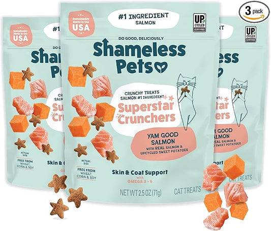 Shameless Pets Crunchy Cat Treats - Kitty Treats with Natural Salmon, Healthy Yam Good Flavors - 3-Pk