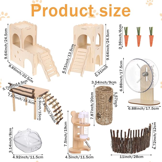 Foxtell 11 Pcs Hamster Cage Accessories, Hamster Toys Set, Hamster Hideout, Hamster Wheel for Rat Mice Small Animals Habitat (Fun Interactive Style)