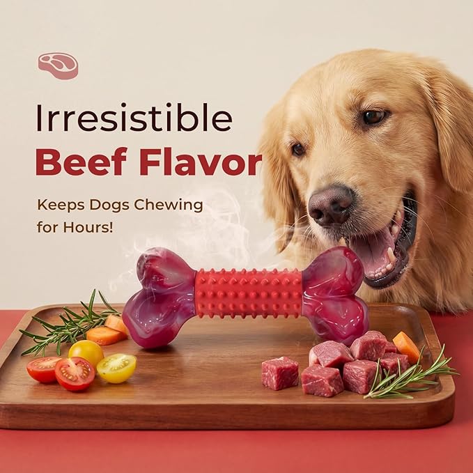 Apasiri Tough Dog Toys for Aggressive Chewers: Beef Flavored Long Lasting Dog Bones for Large Dogs, Indestructible Dog Chew Toys to Keep Them Busy, Large Dog Toys for Medium & Large Breed, Red