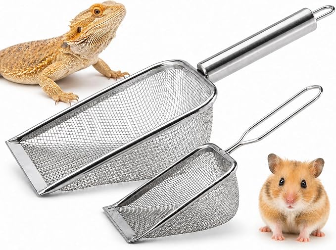 Stainless Steel Hamster Sand Scoop Set, 1mm Fine Mesh & Standard Scoop Combo, Small Pet Sand Bath Cleaner for Hamsters, Gerbils, Mice, Reptiles, Easy Sifting for Fine Sand