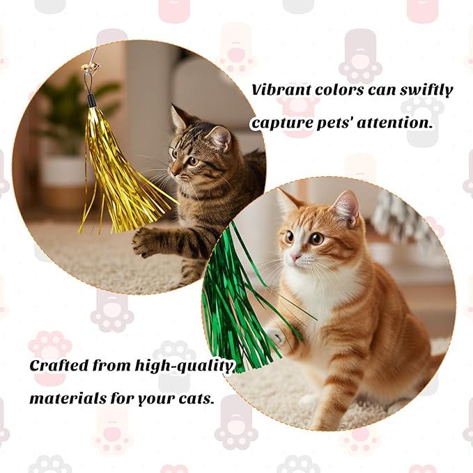 6 Pcs Cat Ribbon Toy, 9 Inches Cat Teaser Wand Toy Replacement with Bell Metallic Foil Tassel Interactive Wand Toys for Indoor Cats Kitten Chase Exercise (Multi Colored)