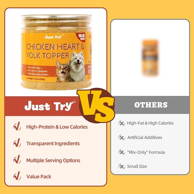 Just Try 4.23 OZ Chicken Heart & Egg Yolk Cat Food Toppers Sprinkles with Freeze Dried Egg Yolk Chicken Hearts for Dogs, High Protein & Heart Health Support