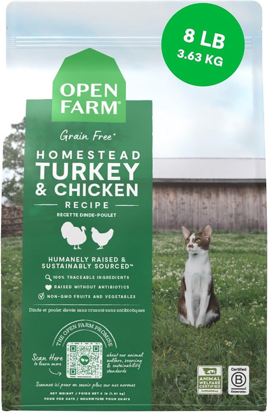 Open Farm, Grain Free Dry Cat Food, High-Protein Kibble for a Complete & Balanced Diet, Non-GMO Fruits & Vegetables, Prebiotic Fibers to Support Digestion, Homestead Turkey & Chicken Recipe, 8lb Bag
