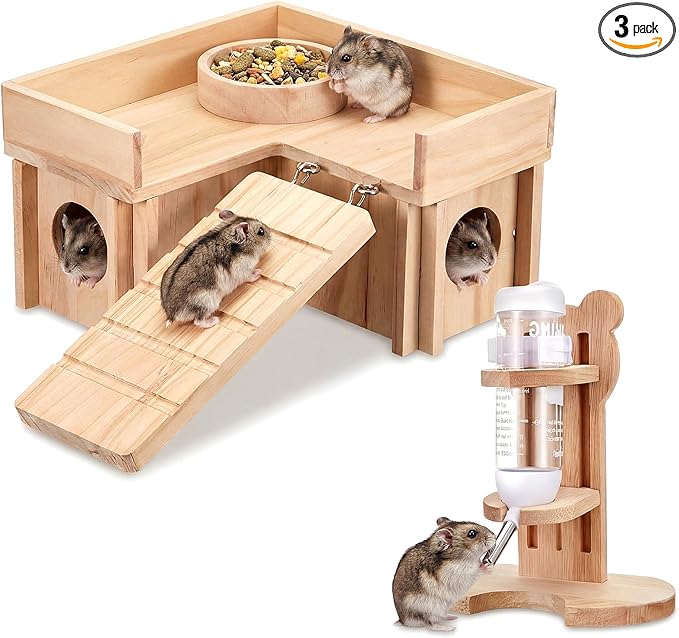 Hamster Cage Accessories, 4 Pcs Wooden Dwarf Hamster Hideout House with Ladder Platform, Feeding Bowl, Water Bottle with Holder Stand for Gerbil Rat Mice Small Animal Habitat Decor