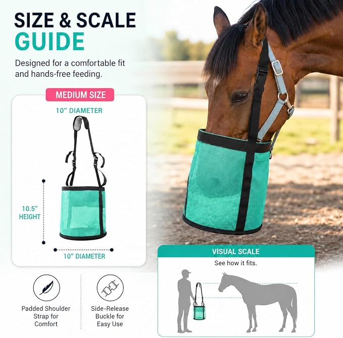 Horse Feed Bag,Heavy Duty Muzzle Feed Bag with Adjustable Strap,Comfort Neck Pad,Nose Pad and Double Waterproof Bottom Mesh Feed Bags for Horse Pack of 2