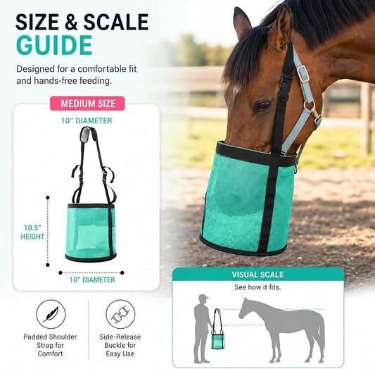 Horse Feed Bag,Heavy Duty Muzzle Feed Bag with Adjustable Strap,Comfort Neck Pad,Nose Pad and Double Waterproof Bottom Mesh Feed Bags for Horse Pack of 2