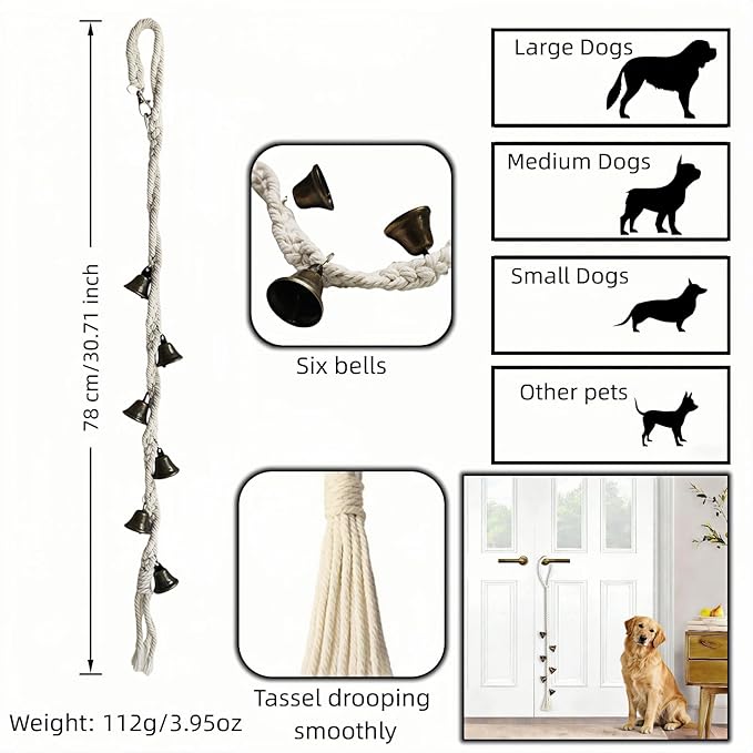 Dog Doorbell for Potty Training with 6 Extra Loud Bells - Handmade Cotton Rope Adjustable Hanging Pet Bell, Indoor/Outdoor Use for Small Medium Large Dogs (Beige/Bronze Tone)