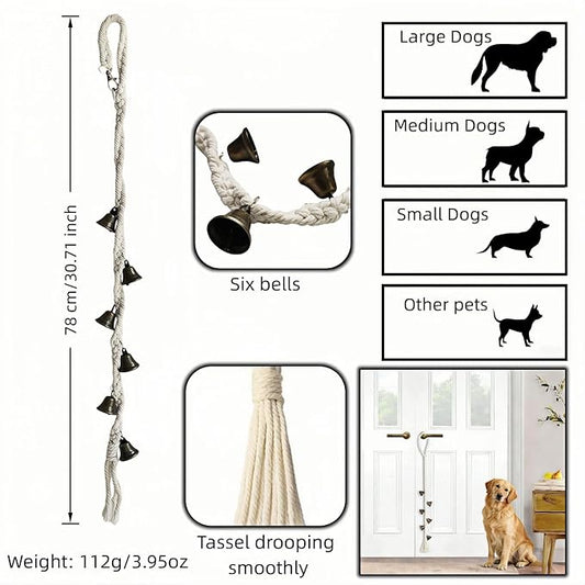 Dog Doorbell for Potty Training with 6 Extra Loud Bells - Handmade Cotton Rope Adjustable Hanging Pet Bell, Indoor/Outdoor Use for Small Medium Large Dogs (Beige/Bronze Tone)