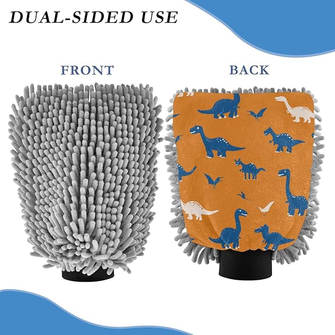 Car Wash Mitt Microfiber Wash Mitts for Car Washing Scratch-Free Cleaning Gloves Soft Non Absorbent Chenille Auto Hand Mitt Large 2Pack Cute Orange Dinosaurs