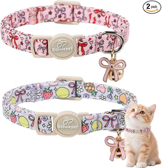 2 Pack Sweet Girly Cat Collars - Elegent Bow Breakaway Cat Collar with Bell & Matching Pendant, Adjustable Spring Summer Pink Purple Kitten Collars for Girl Cats