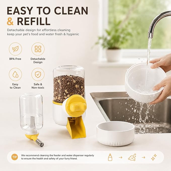 GPY Pet Water Dispenser for Cage, Automatic Hanging Rabbit Water Bottle, 30oz Large Capacity Guinea Pig Bunny Water Dispenser Small Animal Water Bottle（Water Dispenser only, Yellow