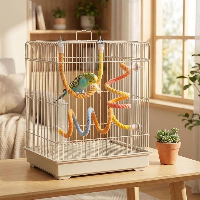 Colorful Flexible Bird Rope Perch for Small & Medium Parrots - Bendable Cotton Rope Parrot Perch Set, 3-Size Perches for Cage, Parakeet, Cockatiel, Lovebird Bird Accessories