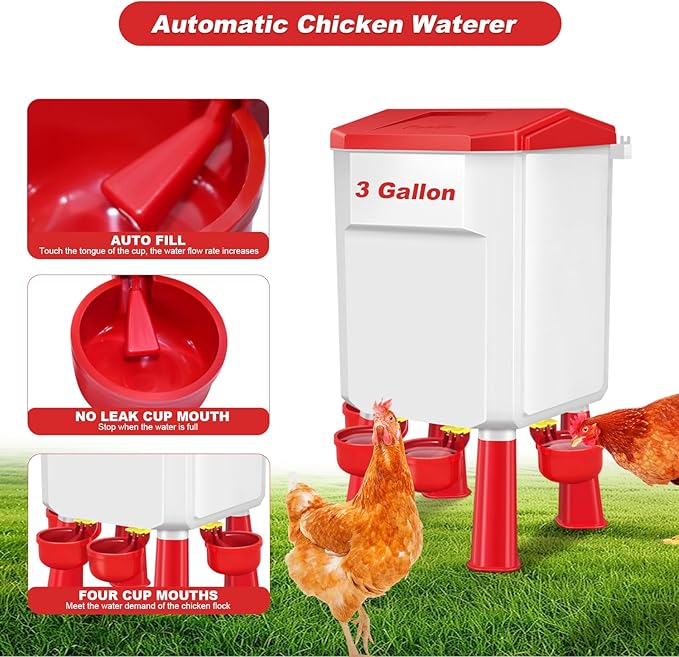 Chicken Feeder and Waterer Set 3 Gallon/26.4 Pounds, Automatic Chick Feeder and Waterer Set No Waste, Poultry Feeder Large for Hens/Ducks/Poultry