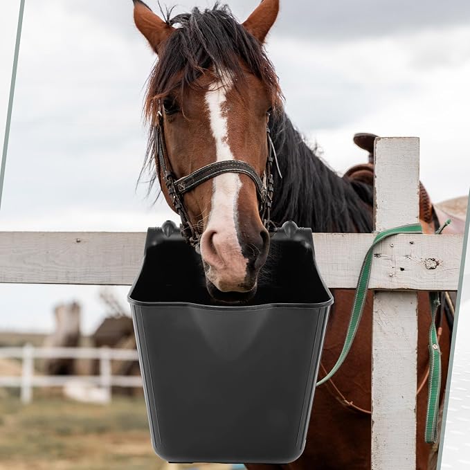 Marsui 1 Pcs 15 Quart Horse Feeders for Stall Hook Over Hanging Fence Hay Feeder Mountable Livestock Plastic Feed Bucket for Farm Stalls Pasture, Stable to Feed Horses Sheep Cattle Cows Etc (Black)