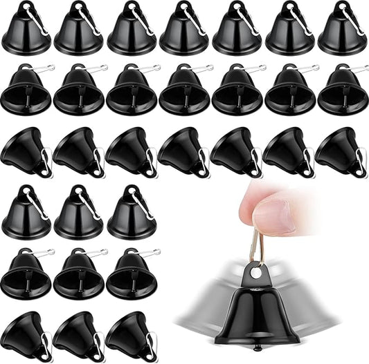 30 Pieces Craft Small Brass Bells for Crafts Mini Vintage Bells with Spring Hooks Tiny for Hanging Wind Chimes Making Dog Training Doorbell Wedding Decor, 1.65 x 1.5 Inch (Black)