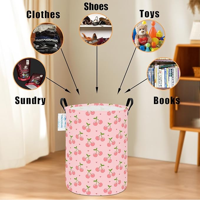 Laundry Basket Canvas Fabric Collapsible Organizer Basket for Storage Bin Toy Bins Gift Baskets Bedroom Clothes Children Nursery Hamper (Pink Cherry)