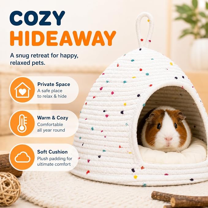 Guinea Pig Hideout Bed, 11 x 9.8 in Small Animal Hideaway House with Removable Cushion, Washable Cotton Rope Cozy Cave for Guinea Pigs, Chinchillas, Hedgehogs, Hamsters, Small Bunny