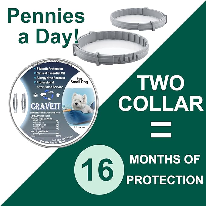 Craveit Dog Flea Collar, 2 Pack Flea Collar for Dogs Small, Gentle Plant-Based Tick Repellent for Small Dog, Waterproof & Adjustable, 8-Month Long-Lasting Defense
