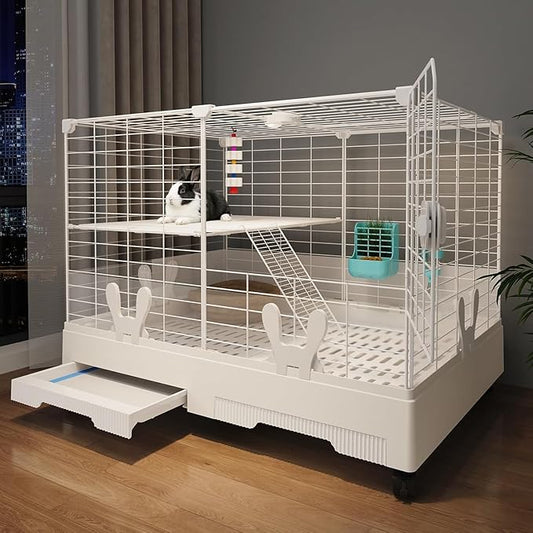 Oneluck Rabbit Cage Indoor,Loft Bunny Hutch with Urine-Proof wall,Leak-Proof Trays, Wheels 28.7" L x 18.1" W x 25.6" H for Rabbits Chinchillas, Guinea Pig and Small Animal (Small, Opaque)
