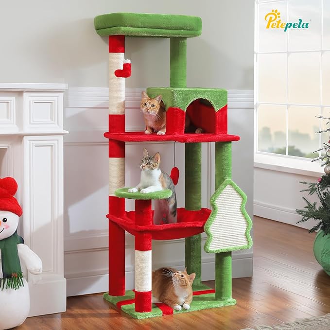 PETEPELA Christmas Cat Tree for Indoor Cats, 56.3'' Tall Multi-Level Cat Tower with Super Large Hammock (20''X16''), Sisal Covered Scratching Posts, Cozy Condo and Top Perch, Christmas Style