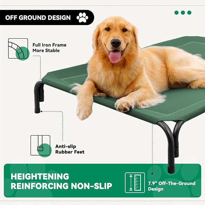 Elevated Dog Bed Raised Outdoor Dog Cot for Extra Large Dogs, Installation Requires No Tools, Frame with Washable Cooling Breathable Mesh Anti-Slip Feet, Indoor Pet Bed, Green, 53.9 Inches