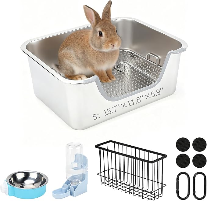 YUEPET 4-in-1 Large Rabbit Litter Box, Non-Slip Stainless Steel Litter Boxes with Sifting Grid & Hay Feeder Food Bowl, Easy Cleaning Bunny Litter Box with Odor Control for Rabbits Small Pets（S）