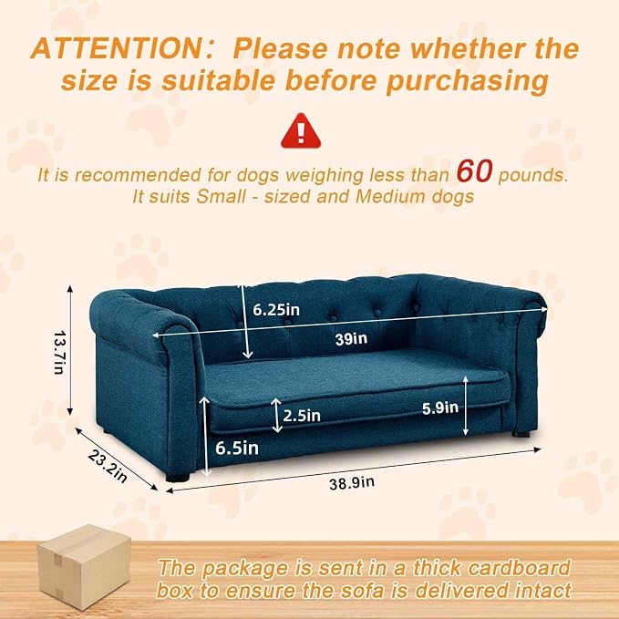 Dog Sofa for Small & Medium Dogs | Removable & Washable | No Assembly Required | Breathable Linen Fabric | Soft Foam Cushion |Floor-friendly sofa legs | Blue