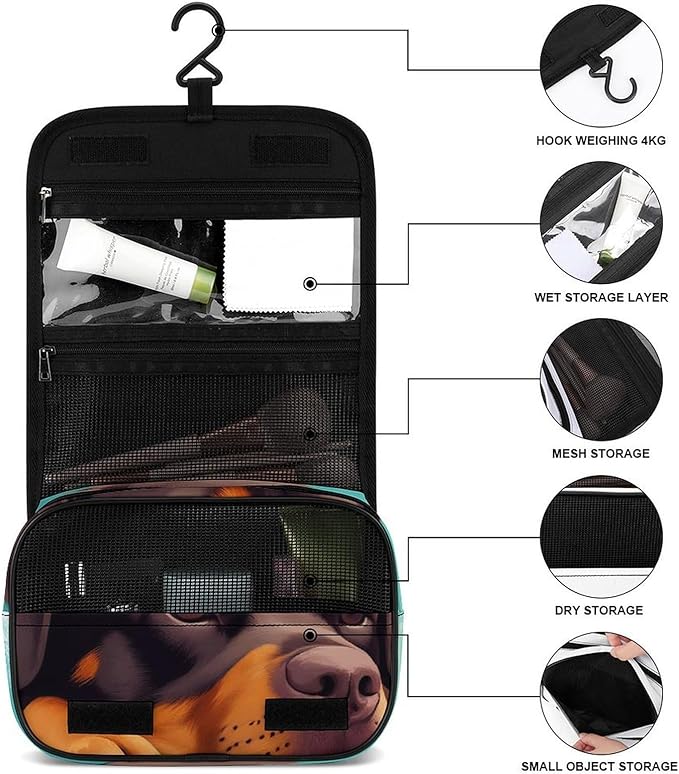 Travel Toiletry Bag makeup Accessories Portable Hanging Organizer (Cute Rottweiler Puppy Farm Dog Lazy Animal)