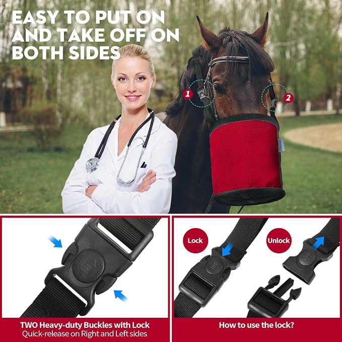 Horse Feed Bag 2 PCs, Breathable Mesh Feed Bags for Horses, Muzzle Feedbag for Feeding Grain, Anti-Spill Design Feeder, Soft Neck Pad Nose Pad, Universal Fit (Red)