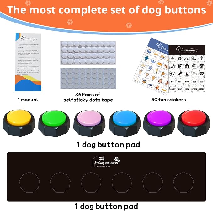 BOSKEY 6 Dog Buttons for Communication Pet Talking Buttons Starter Set Dog Speaking Buttons 50 Stickers Recordable Button One Waterproof mat