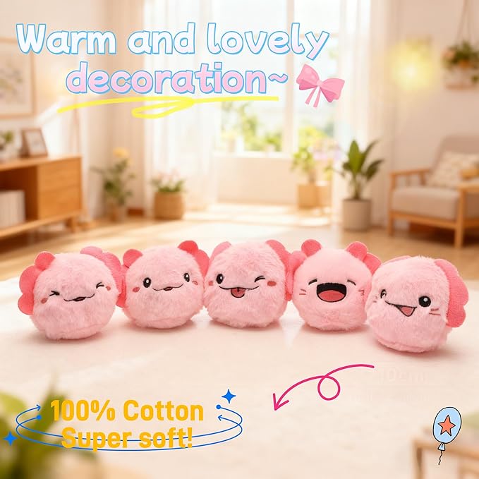 Pink Axolotl Plush Toy Set, 5pcs Cute Smiling Axolotls in Soft Basket, 7.87in Stuffed Animal Plushies for Kids, Friends, Birthday, Christmas, Room Decor