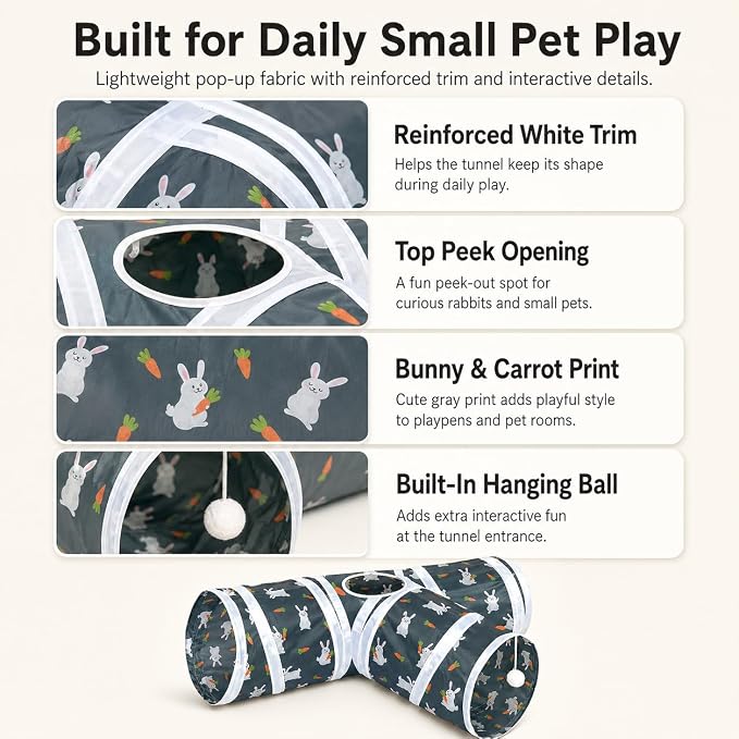 Rabbit Tunnel Toy, Collapsible 3-Way Hideout Tunnel with Chew Toys for Rabbits, Guinea Pigs, Ferrets, Kittens & Small Pets - Gray & White Bunny Carrot Design Hideout (33"x20"x9.5")