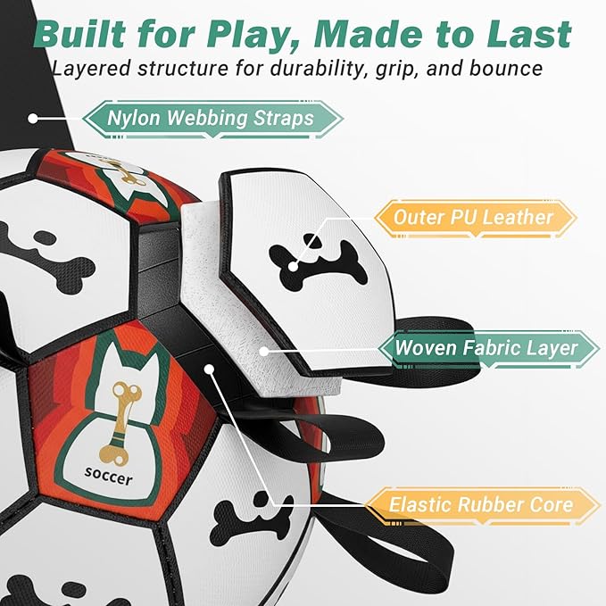 Dog Toy Balls, Dog Soccer Ball with Straps, Interactive World Cup Soccer Ball for Medium Dogs, Water Fetch Toys, Tug-of-War, Herding Ball Toys Outdoor, Dog Birthday Toy, Black (6 Inch)