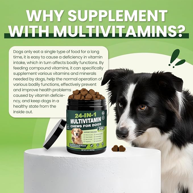 24-in-1 Dog Multivitamins Chewable, 200 Count Dog Vitamins and Supplements with Glucosamine Chondroitin Probiotics Omega-3 for Skin Coat Hip Joint Heart Liver Brain Eye Support - Peanut Butter