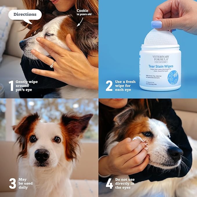 Veterinary Formula Smart Coat Complex Eye + Face Wipes for Dogs & Cats, 100 ct – Gently Remove Tear Stains, Clean Facial Fur & Eye Discharge, Fragrance-Free, Pre-Moistened