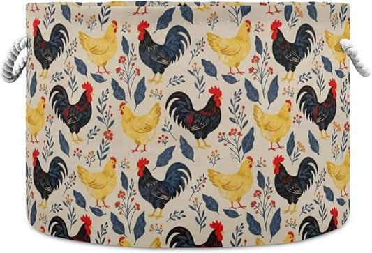 Chicken Rooster Print Round Storage Basket Hen Flower Large Laundry Hamper 20 x 20 x 14 Inches Organizer Bin with Cotton Rope Handles Clothes Storage Bag for Nursery Bedroom Living Room Decor