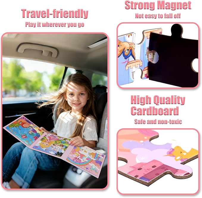 Magnetic Puzzles for Kids 3-5, 3-in-1 Princess Unicorn Mermaid Travel Puzzles for Kids Ages 4-6, Car Airplane Road Trip Activities Toys, Gifts for Girls