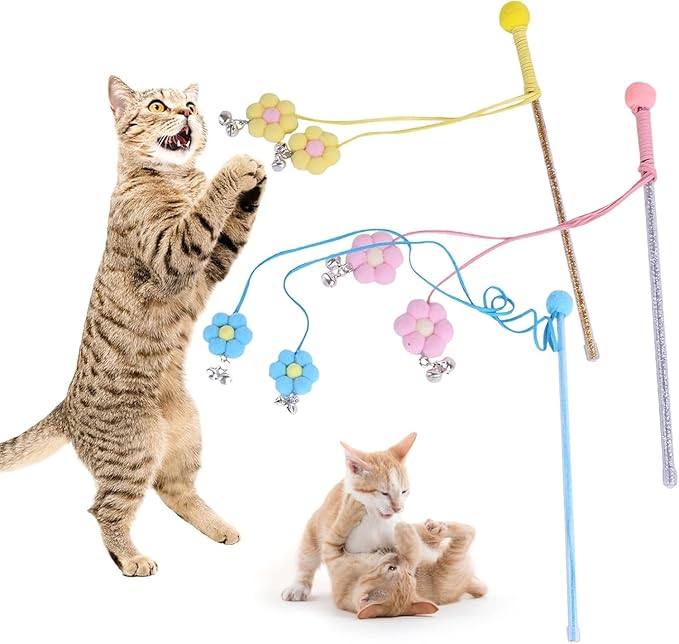 Pink Cat Feather Stick Toy - Cat Teaser Wand with Feather Refills and Bell, Interactive Cat Toy Wand for Indoor Cats and Kittens