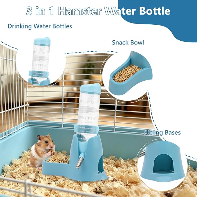 Litewoo 3 in 1 Hamster Water Bottle Small Animal Water Bottle with Food Container Base Hut Hanging Pet Automatic Feeding Drinking Dispenser for Dwarf Hamster Rats Mouse Gerbil Mice