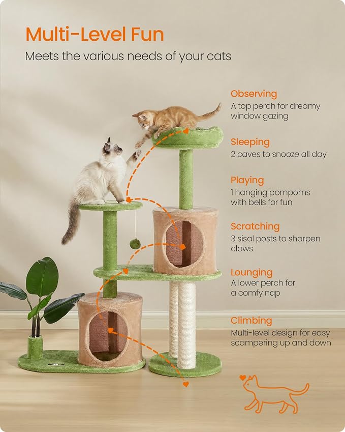 Feandrea Cat Tree, 42.9 Inches Tall Cat Tower, Multi-Level Plush Condo with Artificial Leaves, Scratching Posts, Grass Green and Camel Brown UPCT011C101S