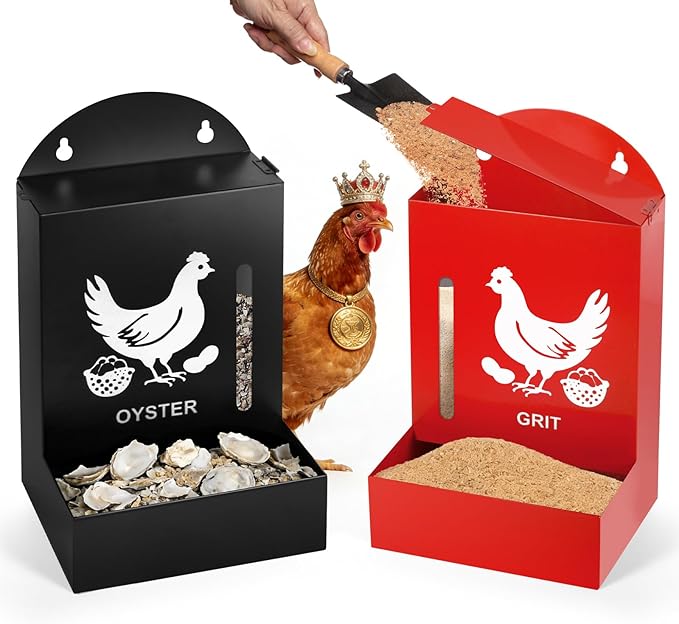 2 Pack Chicken Grit and Oyster Shell Feeder, Metal Oyster Shell Feeder with Visual Window and Lid, Hanging Gravity Chicken Grit Feeder, Chicken Coop Accessories for Healthier Hens and Eggs