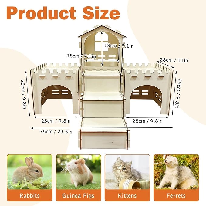 PINVNBY Extra Large Bunny Castles Hideout, Wooden Rabbit House Hide Climbing Detachable Indoor Wooden Hideaway Castle Tower Tunnel for Small Animal Guinea Pig Hamster Chinchilla Ferret