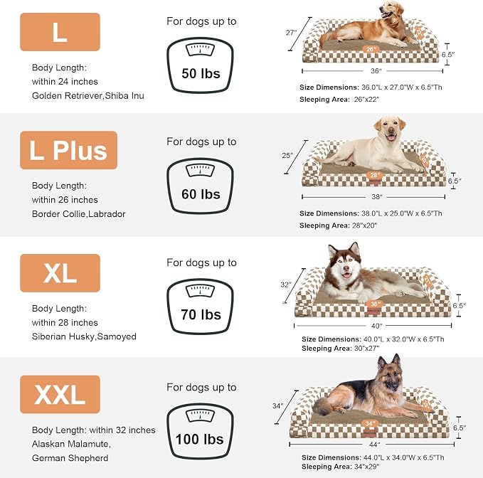 NANUYA Orthopedic Dog Bed for X-Large Dogs, 40 x 32 Inch, Brown Grid | Egg crate foam for joint support, 3-sided bolster pet sofa, waterproof lining, washable cover, and non-skid base
