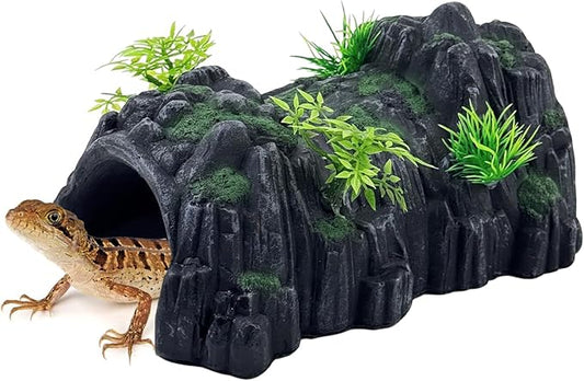 PINVNBY Reptile Rock Hide Cave,Resin Crested Gecko Hideout Caves Lizard Hideaway Bridge Terrarium Habitat Decor for Lizard Snake Turtle