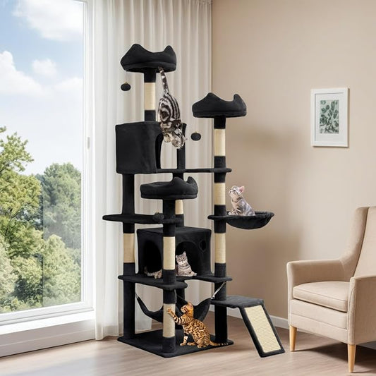 YITAHOME 75-Inch Tall Cat Tree Indoor: Multi-Level Kitten Tower with Kitty Condos, Top Perches, Sisal Ramp, Scratching Posts & Cozy Basket Hammocks Pet Play House Black