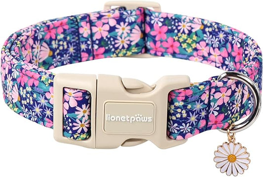 Lionet Paws Floral Dog Collar- Cute Spring Wildflowers Daisy Fleabane Dog Collars with Plastic Buckle,Light Adjustable Dog Collars for Medium Large Dogs