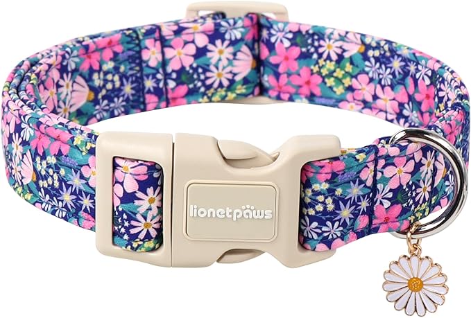 Lionet Paws Floral Dog Collar- Cute Spring Wildflowers Daisy Fleabane Dog Collars with Plastic Buckle,Light Adjustable Dog Collars for Small Dogs