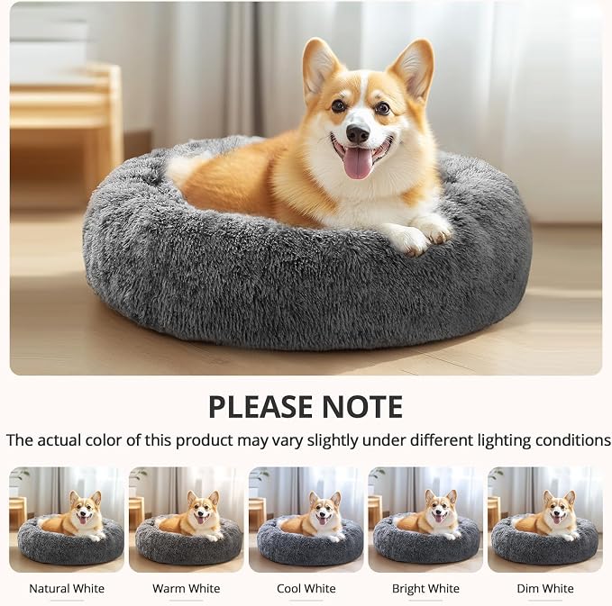 JOLLYVOGUE Calming Dog Bed Medium Size Dog, Anti-Anxiety Donut Medium Pet Bed, 27 inches Fluffy Faux Fur Round Cat Bed (Smoke Black)
